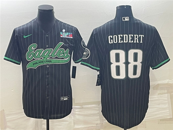 Men's Philadelphia Eagles #88 Dallas Goedert Black With Super Bowl LVII Patch Cool Base Stitched Baseball Jersey